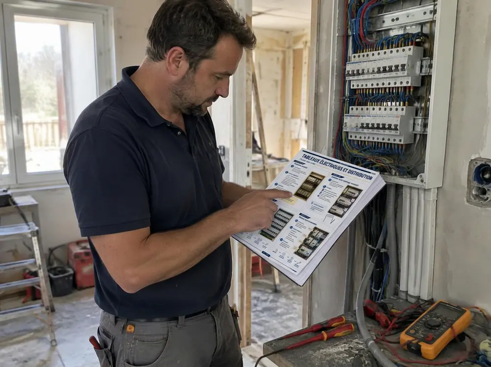 Électricien consultant le manuel pendant une installation résidentielle