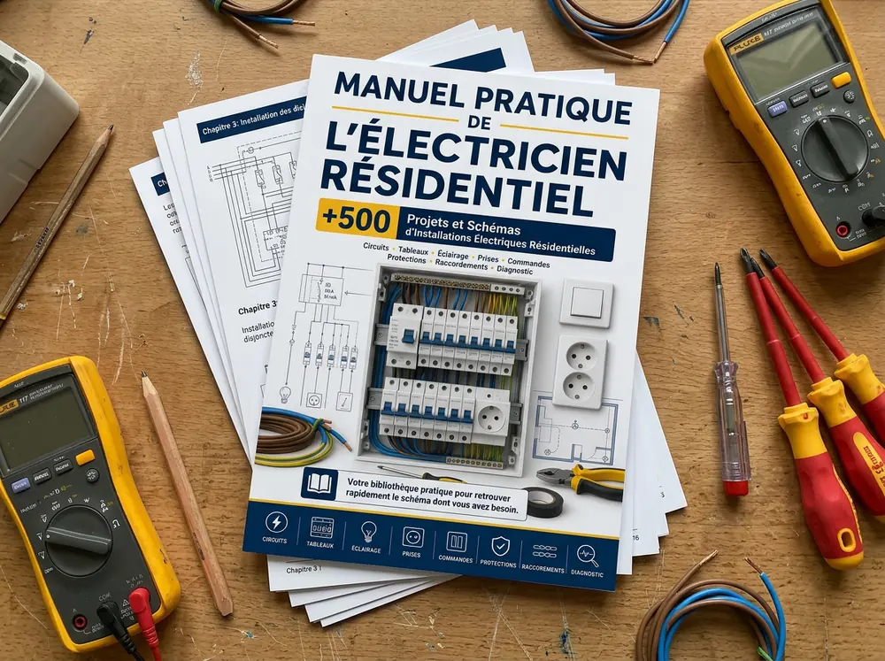 Manuel Pratique de l’Électricien Résidentiel imprimé sur une table de travail